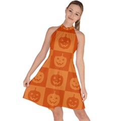 Seamless Halloween Pattern With Smiling Pumpkin 20240926 161520 0000 Sleeveless Halter Neck A-line Dress by Safari