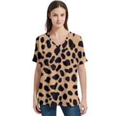 Leopard Skin Pattern V-neck Split Shoulder Casual T-shirt by Bedest