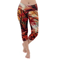 Forest Path Red Nature Lightweight Velour Capri Yoga Leggings by Bedest