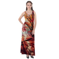 Forest Path Red Nature Sleeveless Velour Maxi Dress by Bedest