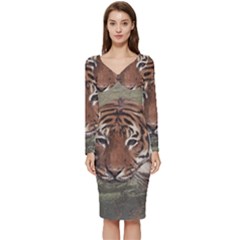 Swimming Tiger Long Sleeve V-neck Bodycon Dress  by ExtraGoodSauce