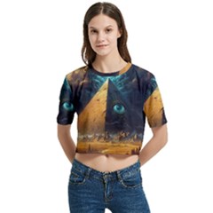 Mystic Blue Pyramid Art Women s Round Neck Short Sleeve Crop Top by ExtraAwesomeSauce