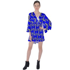 Eye Of Horus Pattern V-neck Flare Sleeve Mini Dress by ExtraGoodSauce