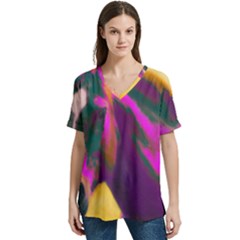 Vibrant Abstract Equine Art V-neck Split Shoulder Casual T-shirt by ExtraAwesomeSauce