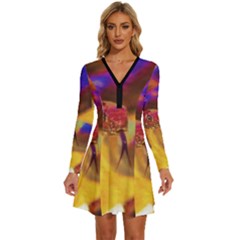 Vibrant Forked-tongue Snake Art Long Sleeve Deep V Mini Dress  by ExtraGoodSauce