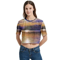 Serene Sunset Over Water Women s Round Neck Short Sleeve Crop Top by ExtraAwesomeSauce