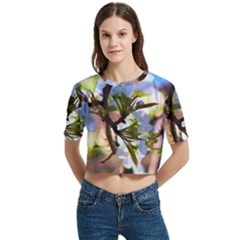 Springtime Pear Tree Blossoms Women s Round Neck Short Sleeve Crop Top by ExtraAwesomeSauce