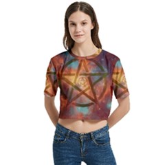 Enchanted Nebula Pentagram Art Women s Round Neck Short Sleeve Crop Top by ExtraAwesomeSauce