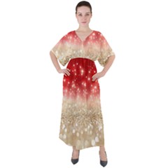 Abstract, Christmas, Glittery, Gold, Red V-neck Boho Style Maxi Dress by kyorashop23