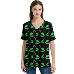 Green Neon Dinos V-neck Split Shoulder Casual T-shirt by ConteMonfrey