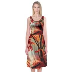 Forest Path Red Nature Midi Sleeveless Dress by Bedest