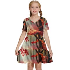 Forest Path Red Nature Kids  Short Sleeve Tiered Mini Dress by Bedest