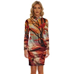 Forest Path Red Nature Long Sleeve Shirt Collar Bodycon Dress by Bedest