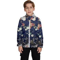 Japanese Wave Koi Illustration Pattern Kids  High Neck Windbreaker by Ndabl3x