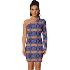 Bitcoin Logo Pattern Long Sleeve One Shoulder Mini Dress by ExtraAwesomeSauce