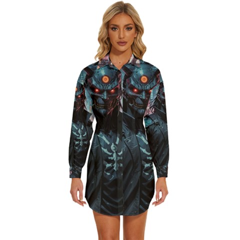 Cyberpunk Demon Samurai Womens Long Sleeve Shirt Dress by AwesomeSauce