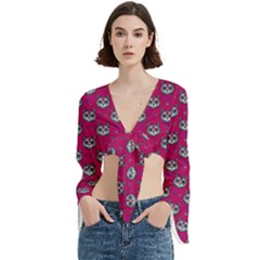 Calavera Cat Art Pattern Trumpet Sleeve Cropped Top