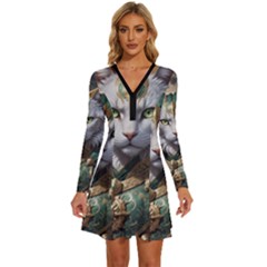 Epic Armored Cat Warrior Long Sleeve Deep V Mini Dress  by ExtraGoodSauce