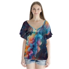 Cosmic Jellyfish Artwork V-neck Flutter Sleeve Top by ExtraAwesomeSauce