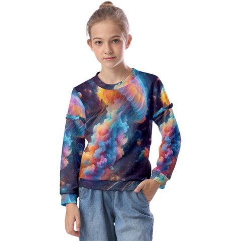 Cosmic Jellyfish Artwork Kids  Long Sleeve T-shirt With Frill  by ExtraAwesomeSauce