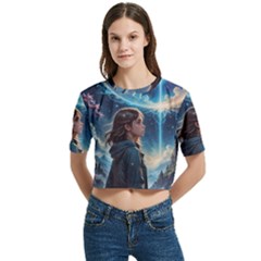 Enchanting Fantasy Night Sky Scene Women s Round Neck Short Sleeve Crop Top by ExtraAwesomeSauce