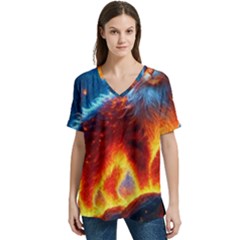 Enchanted Fire Feline V-neck Split Shoulder Casual T-shirt by ExtraAwesomeSauce