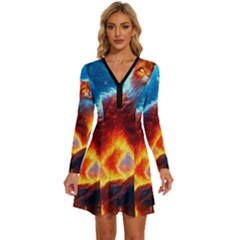 Enchanted Fire Feline Long Sleeve Deep V Mini Dress  by ExtraGoodSauce