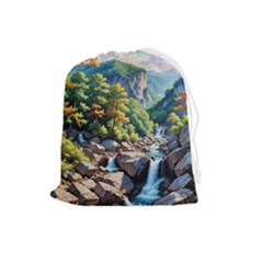 Serene Mountain Waterfall Landscape Drawstring Pouch (large) by ExtraAwesomeSauce