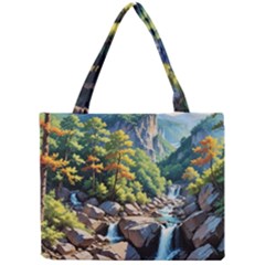 Serene Mountain Waterfall Landscape Mini Tote Bag by ExtraAwesomeSauce