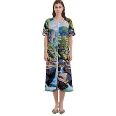 Serene Mountain Waterfall Landscape Women s Cotton Short Sleeve Nightgown by ExtraAwesomeSauce