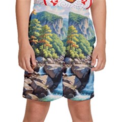 Serene Mountain Waterfall Landscape Kids  Basketball Shorts