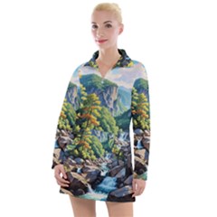 Serene Mountain Waterfall Landscape Women s Long Sleeve Casual Dress by ExtraGoodSauce