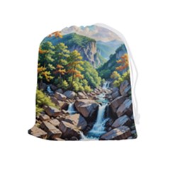 Serene Mountain Waterfall Landscape Drawstring Pouch (xl) by ExtraAwesomeSauce