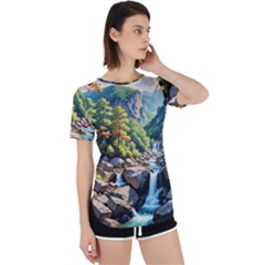 Serene Mountain Waterfall Landscape Perpetual Short Sleeve T-shirt by ExtraAwesomeSauce