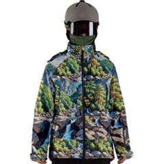 Serene Mountain Waterfall Landscape Men s Zip Ski And Snowboard Waterproof Breathable Jacket by ExtraAwesomeSauce