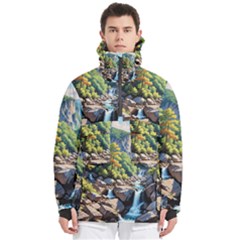 Serene Mountain Waterfall Landscape Men s Pullover Zip Ski And Snowboard Waterproof Breathable Jacket by ExtraAwesomeSauce