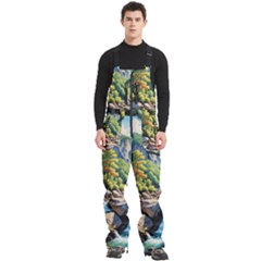 Serene Mountain Waterfall Landscape Men s Front Zip Ski And Snowboard Bib Pants by ExtraAwesomeSauce