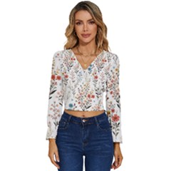 Flowers Design Floral Long Sleeve V-neck Top by Posterlux