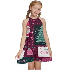 Christmas Santa Claus Kids  Halter Collar Waist Tie Chiffon Dress by Posterlux