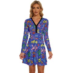 Grateful Dead Dancing Bears Pattern Long Sleeve Deep V Mini Dress  by Salmanaz77