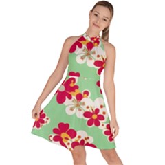 Retro 1960s Flowers Pattern Sleeveless Halter Neck A-line Dress by violetheavensky