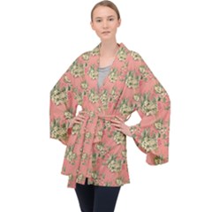 Retro 1880s Flowers Pattern 12 Long Sleeve Velvet Kimono  by violetheavensky