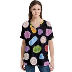 Ecstasy Pills Pattern V-neck Split Shoulder Casual T-shirt by Valentinaart