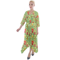 Retro 1880s Flowers Pattern 17 Quarter Sleeve Wrap Front Maxi Dress by violetheavensky