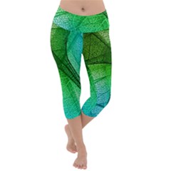 3d Leaves Texture Sheet Blue Green Lightweight Velour Capri Yoga Leggings by Cemarart