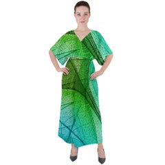 3d Leaves Texture Sheet Blue Green V-neck Boho Style Maxi Dress by Cemarart