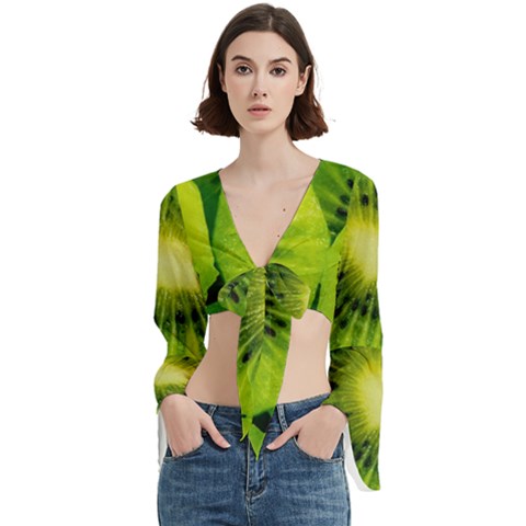 Kiwi Fruits, Close-up, Exotic Fruit Trumpet Sleeve Cropped Top by kyorashop23