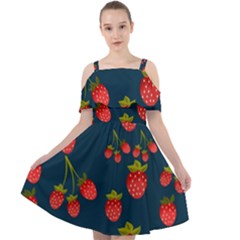 Strawberry Texture, Blue Background With Strawberries Cut Out Shoulders Dress by kyorashop23