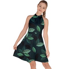 Foliage Sleeveless Halter Neck A-line Dress by HermanTelo