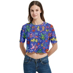 Grateful Dead Dancing Bears Pattern Women s Round Neck Short Sleeve Crop Top by Salmanaz77